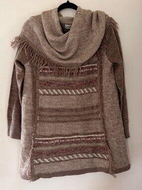Knox Rose Taupe Fringe Cowl-Neck Sweater Large